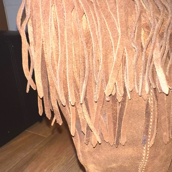 Suede Tan Brown Heel Fringe Boots Boho Western Kitten Heel tall leather - Picture 11 of 12